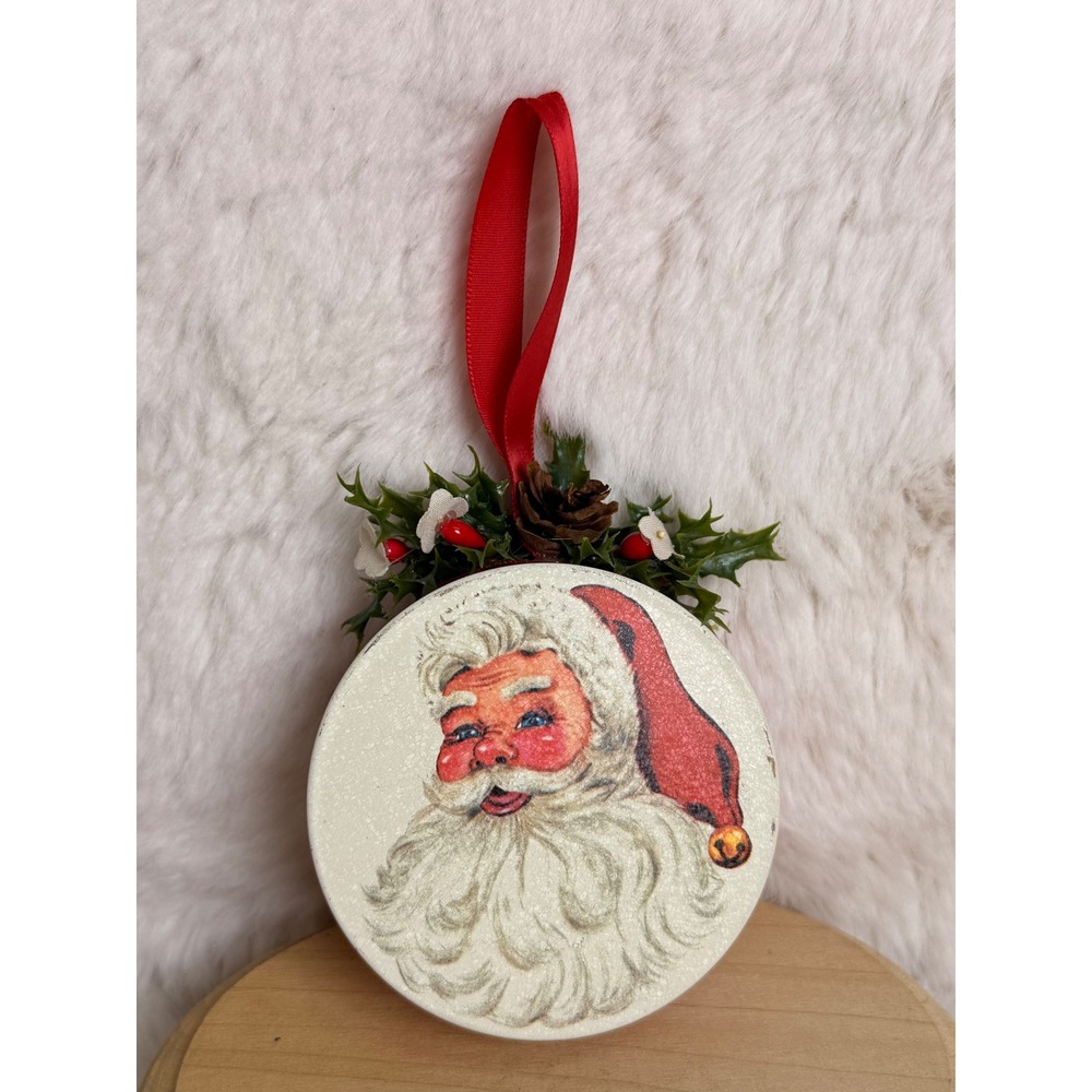 Vintage Potpourri Press Santa Trinket Box Ornament Christmas Holly Ribbon Red